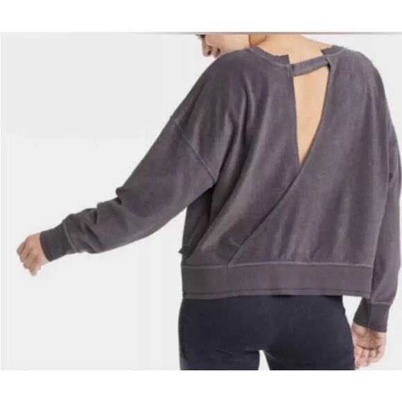 Joy Lab Dark Gray Long Sleeve Crop Terrycloth Sweater Faux Wrap Open V-Back SM - Picture 1 of 16